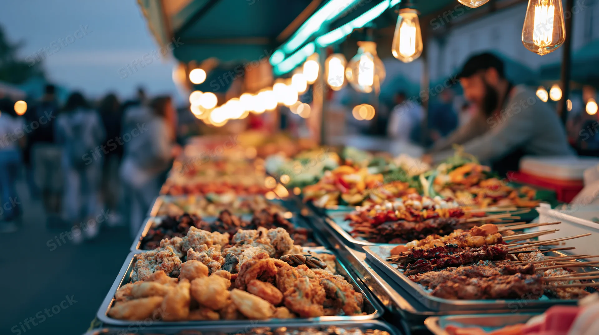 Trays of fried snacks and skewers at a busy outdoor night market stall under warm lighting