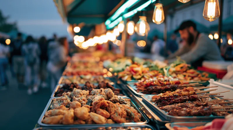 Trays of fried snacks and skewers at a busy outdoor night market stall under warm lighting