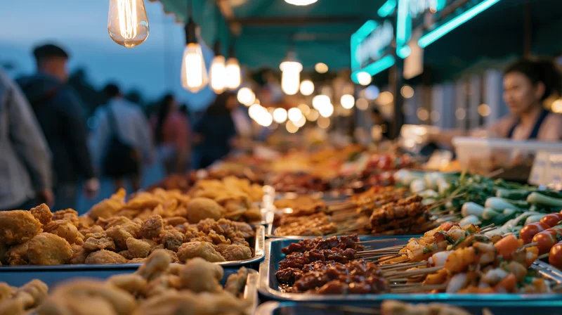 Trays of fried snacks and skewers at a busy outdoor night market food stall under warm lights