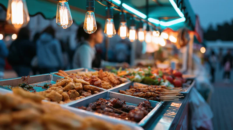 Trays of fried snacks and skewers displayed at a busy outdoor night market stall under warm hanging bulbs