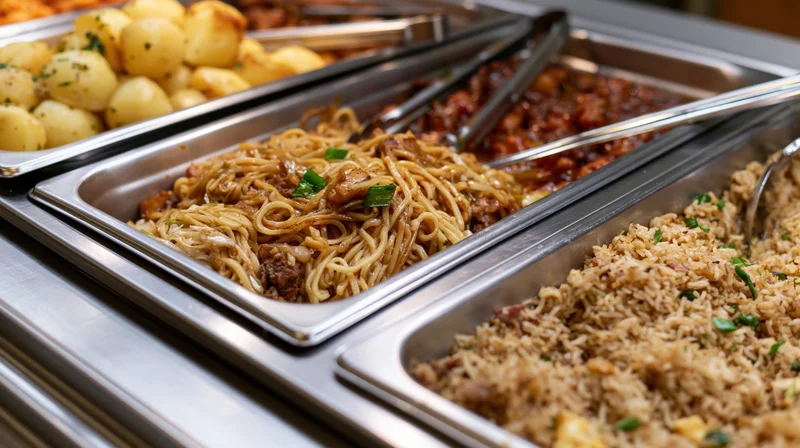 Stainless steel hotel pans filled with noodles, rice, potatoes and meat at a cafeteria buffet line