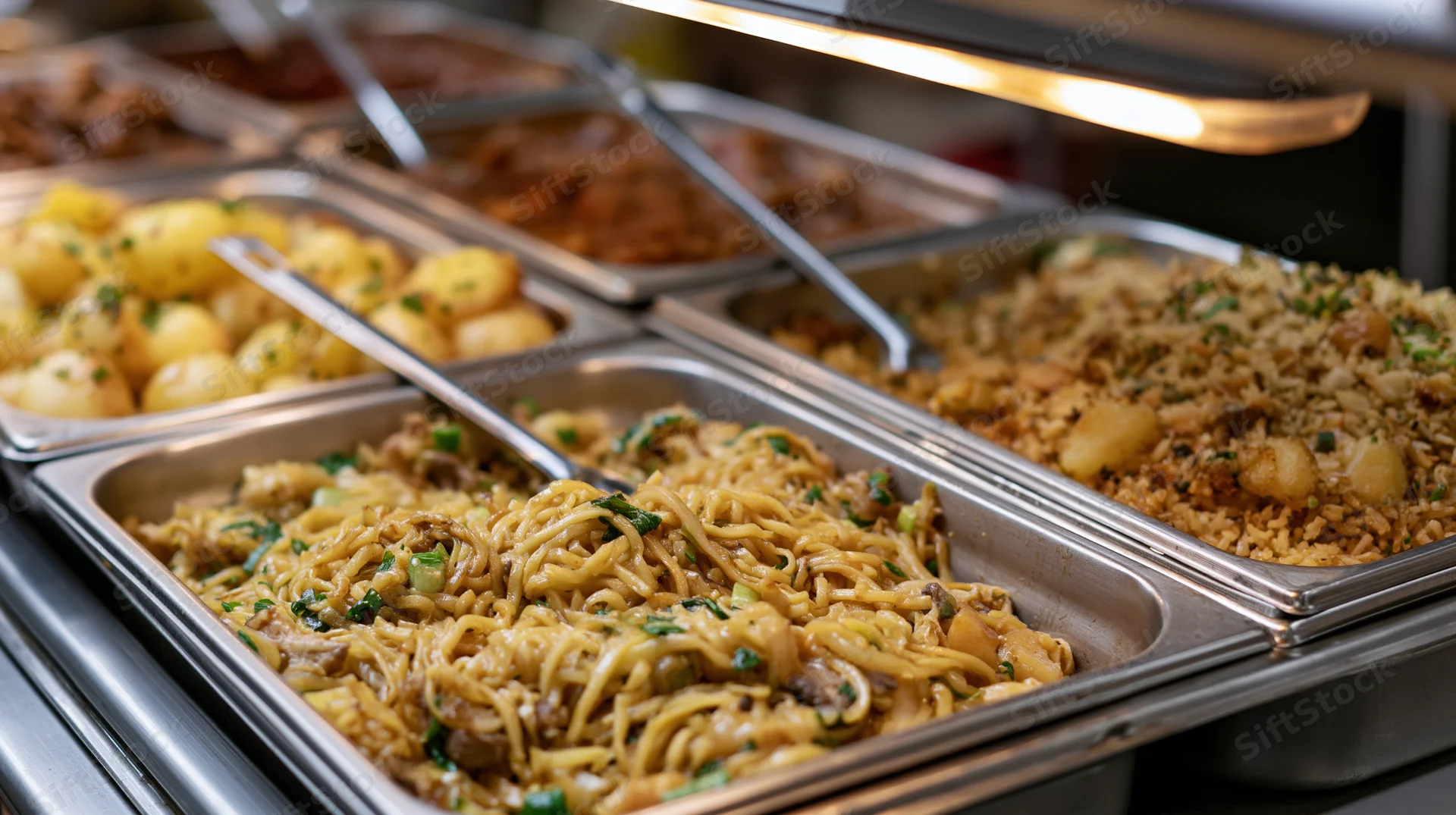 Stainless steel hotel pans filled with various dishes arranged in a cafeteria buffet line