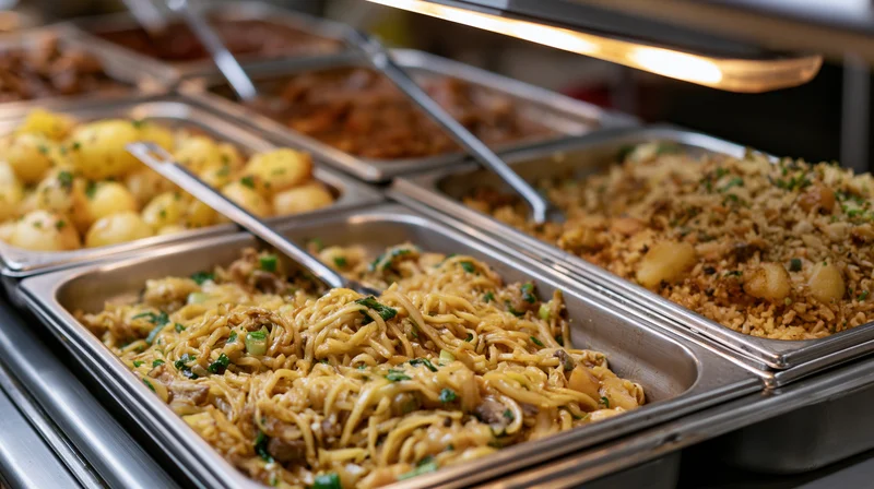 Stainless steel hotel pans filled with various dishes arranged in a cafeteria buffet line