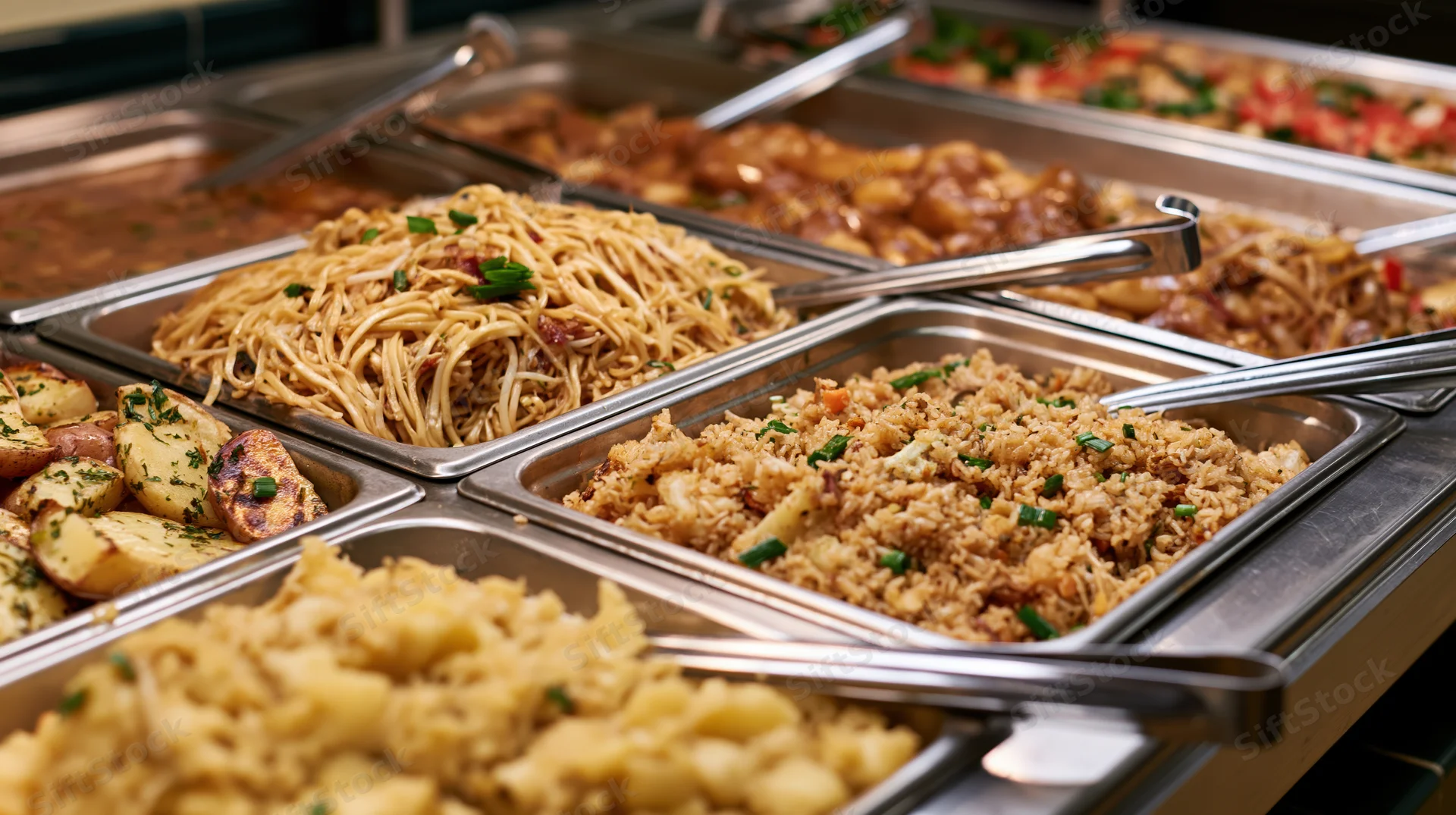 Stainless steel hotel pans filled with various dishes arranged in a cafeteria buffet line