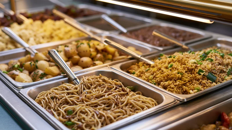 Stainless steel hotel pans filled with various dishes arranged in a cafeteria buffet line