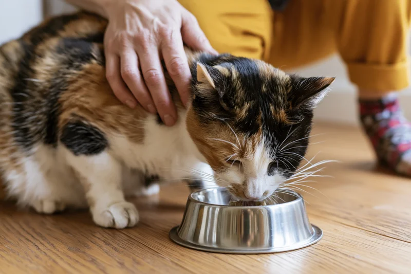 Calico cat eating from a stainless steel bowl on wooden floor while being petted by a person