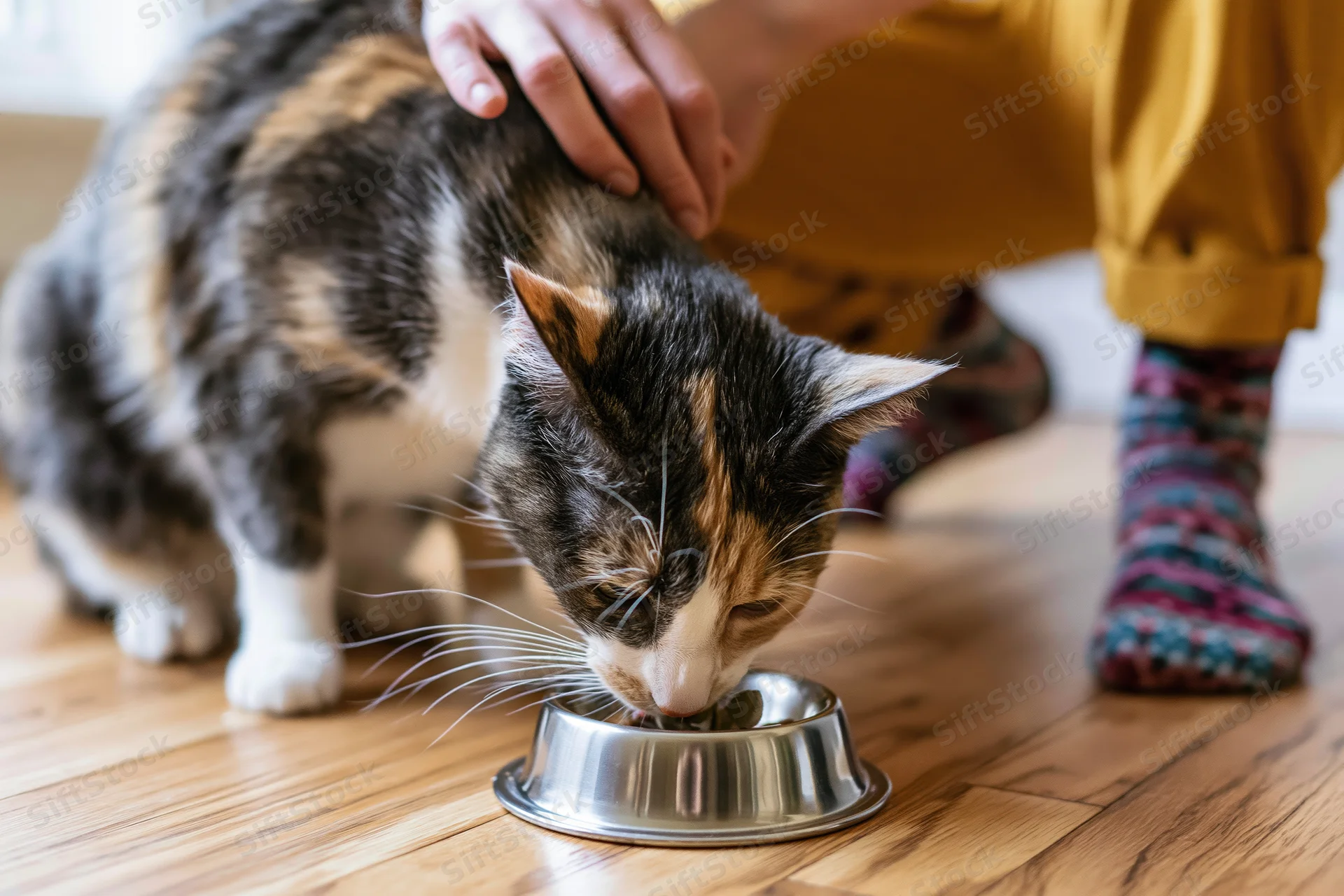 Calico cat eating from a stainless steel bowl on wooden floor while being petted by a person