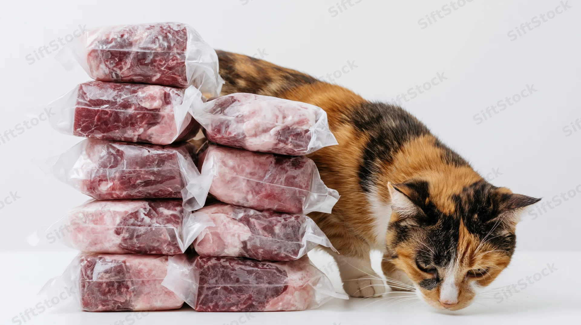 Calico cat leaning forward to sniff a stack of vacuum-sealed frozen meat blocks on a white background