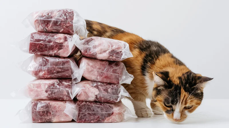Calico cat leaning forward to sniff a stack of vacuum-sealed frozen meat blocks on a white background