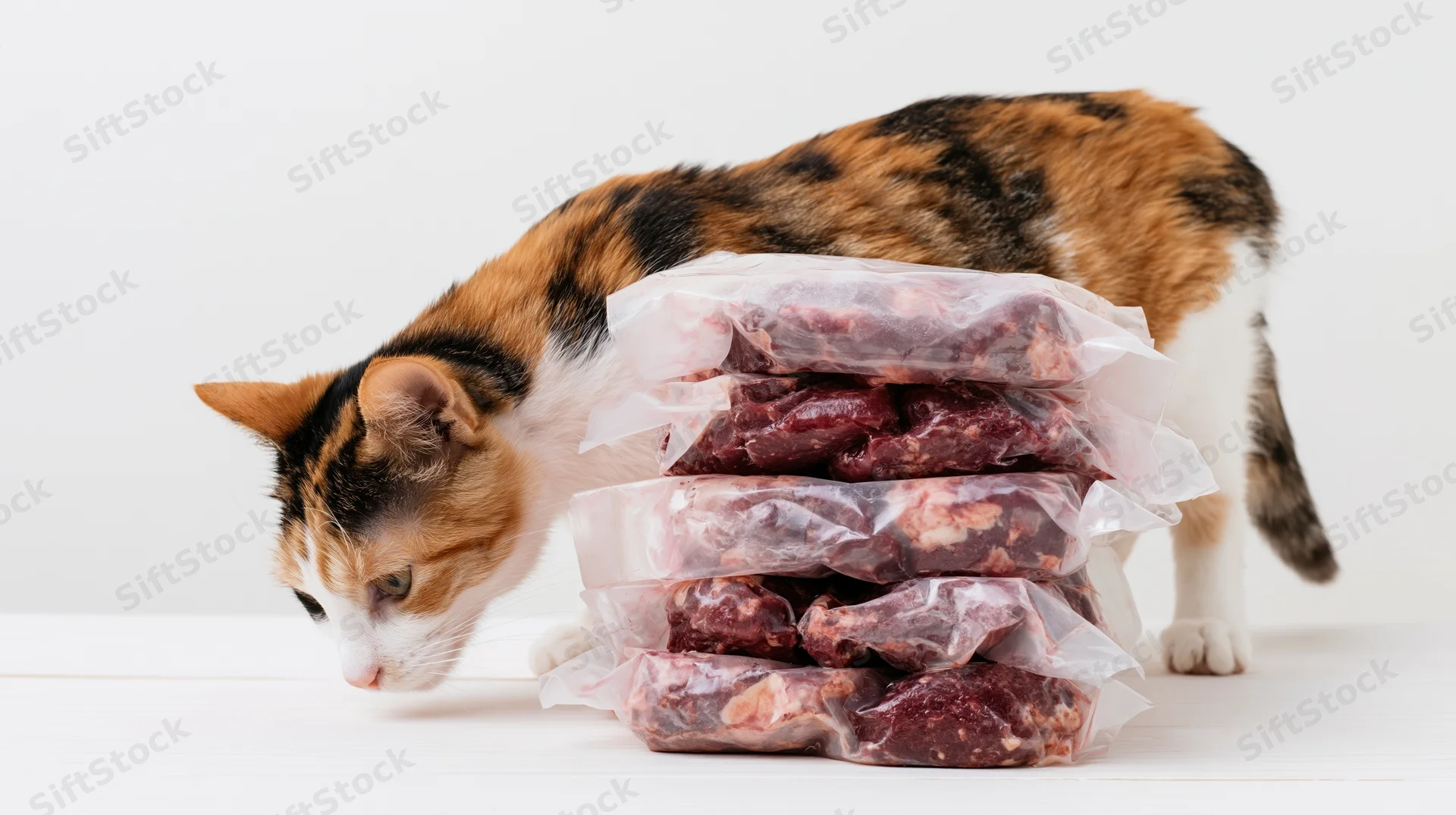 Calico cat leaning forward to sniff a stack of vacuum-sealed frozen meat packages on a white surface