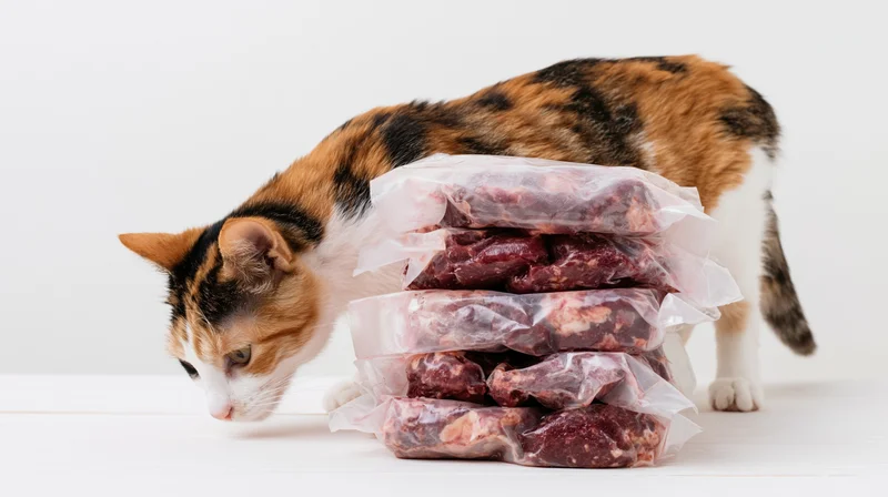 Calico cat leaning forward to sniff a stack of vacuum-sealed frozen meat packages on a white surface