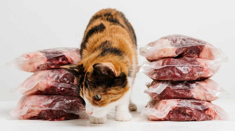 Calico cat leaning forward to sniff stacked vacuum-sealed packages of frozen raw meat on white surface