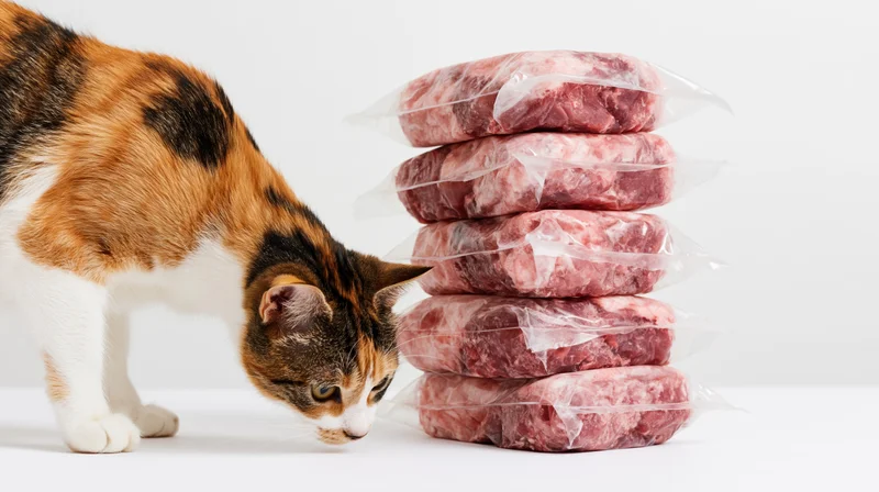 Calico cat leaning forward to sniff a stack of vacuum-sealed frozen meat patties on a white surface
