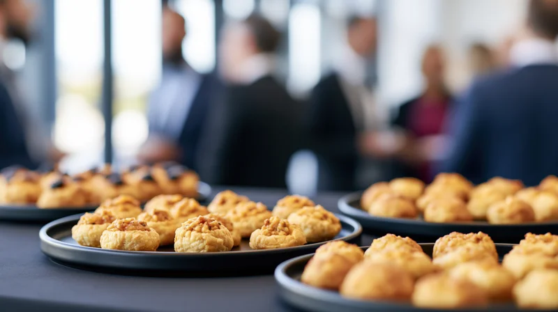 Golden baked canapes arranged on black trays at a corporate event reception