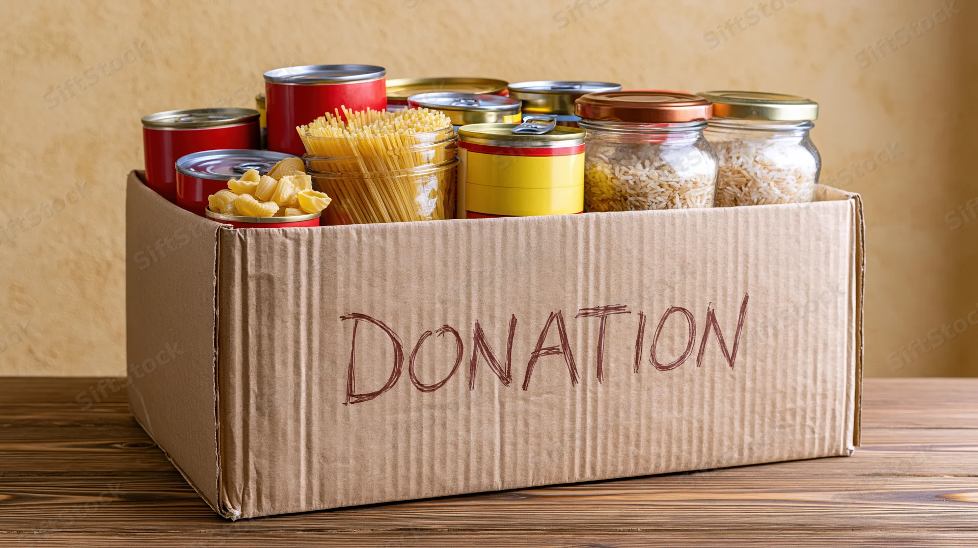 Cardboard box labeled donation filled with canned food and jars on wooden table