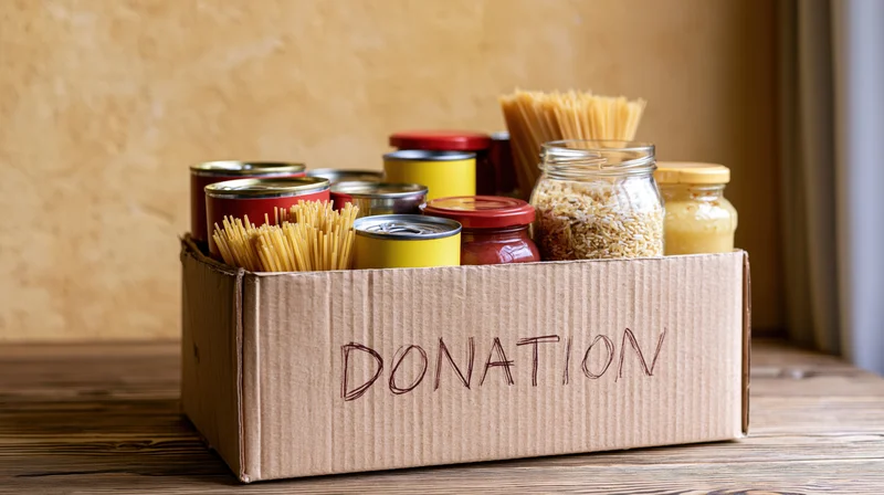Cardboard box labeled donation filled with canned goods and dry food items on wooden surface