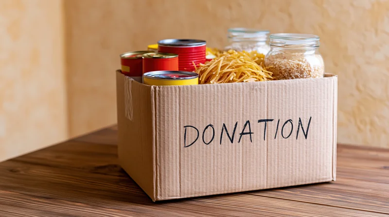 Cardboard box labeled donation filled with canned goods and dry food on wooden table