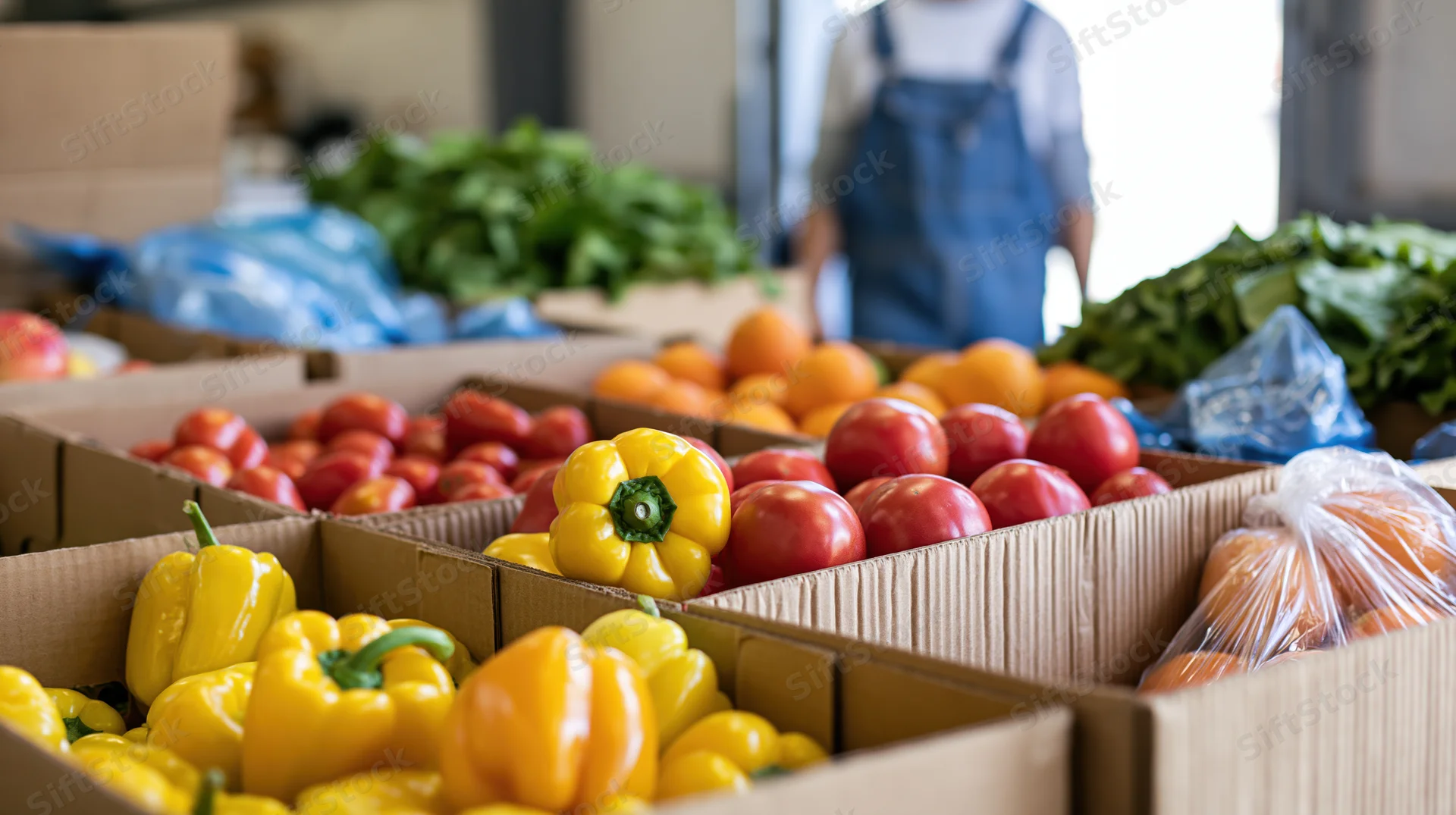 Cardboard boxes filled with fresh vegetables and fruit arranged in rows at a market