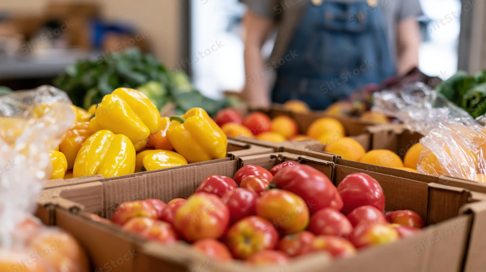 Cardboard boxes filled with fresh tomatoes and yellow peppers at a farm stand