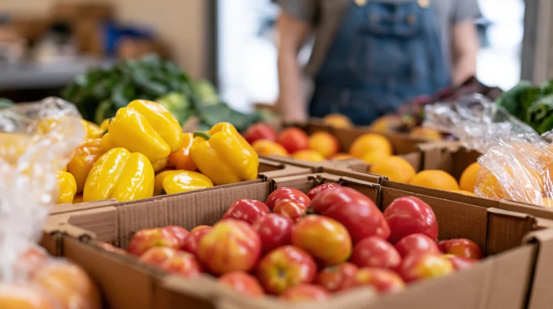 Cardboard boxes filled with fresh tomatoes and yellow peppers at a farm stand