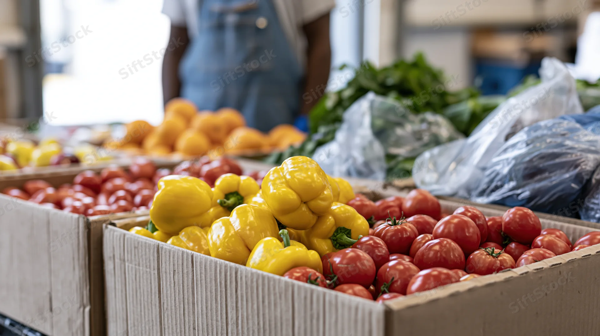 Cardboard boxes filled with fresh yellow peppers and red tomatoes at a farm market stall
