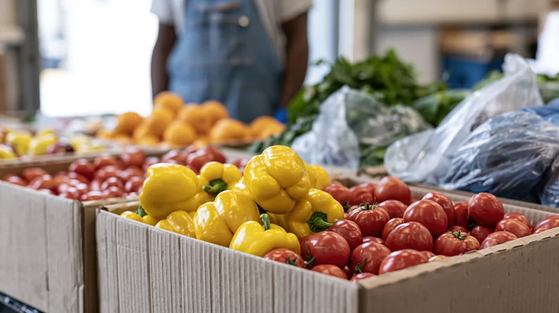 Cardboard boxes filled with fresh yellow peppers and red tomatoes at a farm market stall