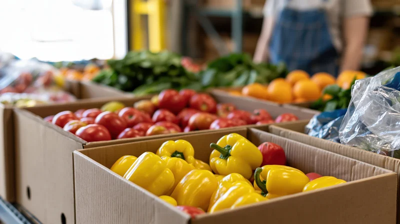 Cardboard boxes filled with fresh vegetables and fruit arranged in a market display