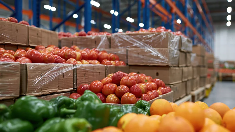 Stacks of cardboard boxes filled with fresh tomatoes wrapped in plastic in a warehouse storage area