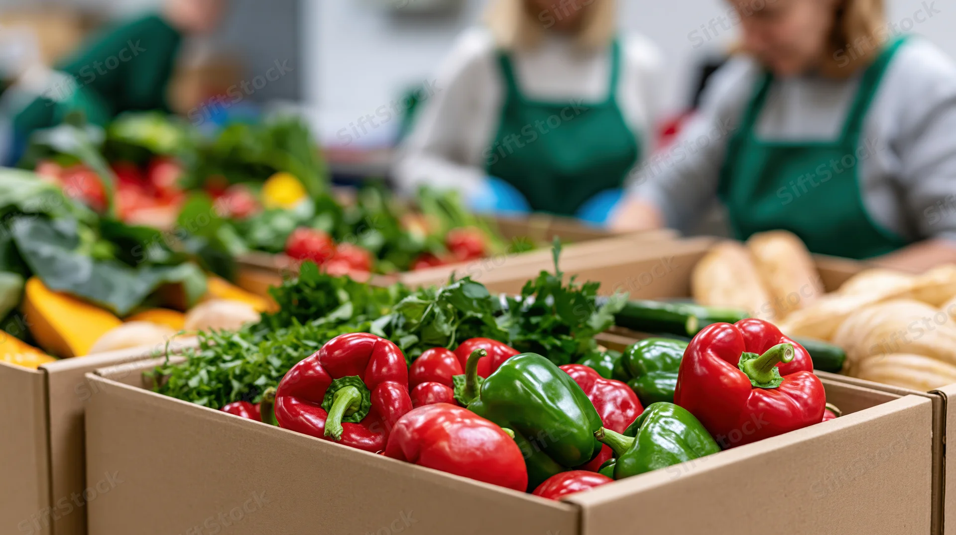 Cardboard boxes filled with fresh vegetables and bread at a market stall with women in green aprons working behind them