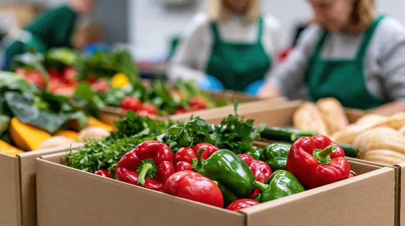 Cardboard boxes filled with fresh vegetables and bread at a market stall with women in green aprons working behind them