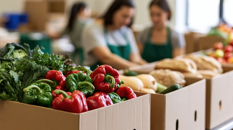 Cardboard boxes filled with fresh vegetables and bread arranged in a food distribution center with volunteers in aprons working in the background