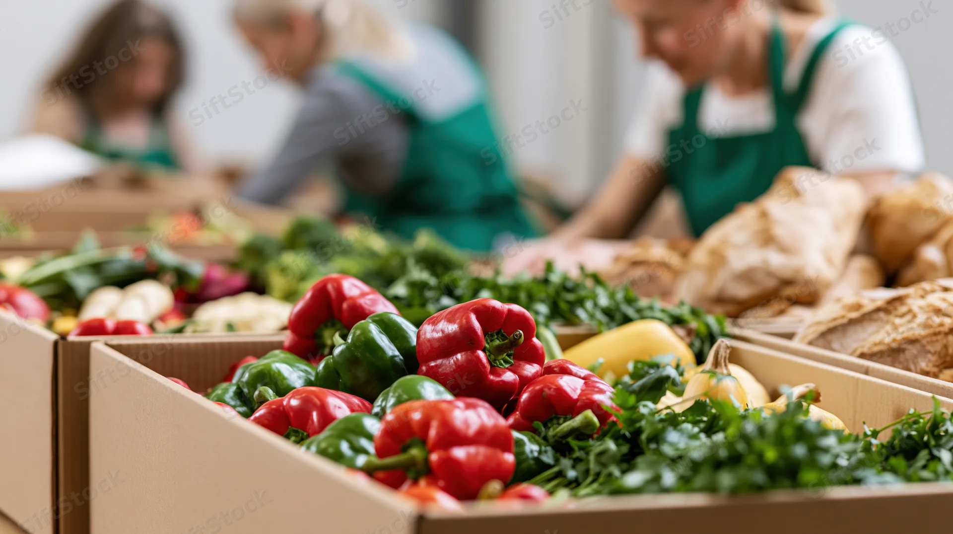 Cardboard boxes filled with fresh vegetables and bread at a food donation event with volunteers in aprons working in the background