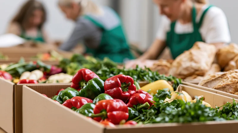Cardboard boxes filled with fresh vegetables and bread at a food donation event with volunteers in aprons working in the background