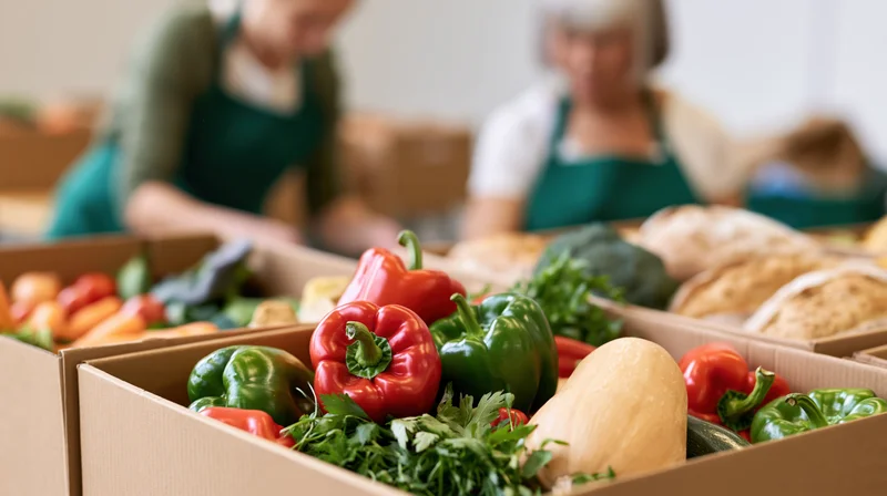 Cardboard boxes filled with fresh vegetables and bread arranged in a food donation setting with volunteers in aprons working in the background