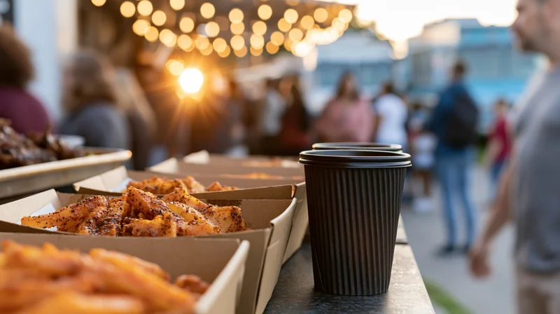Seasoned fries in cardboard trays and black paper coffee cups on a table at an outdoor evening market