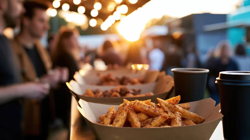 Seasoned fries in cardboard trays with black coffee cups at an outdoor evening gathering