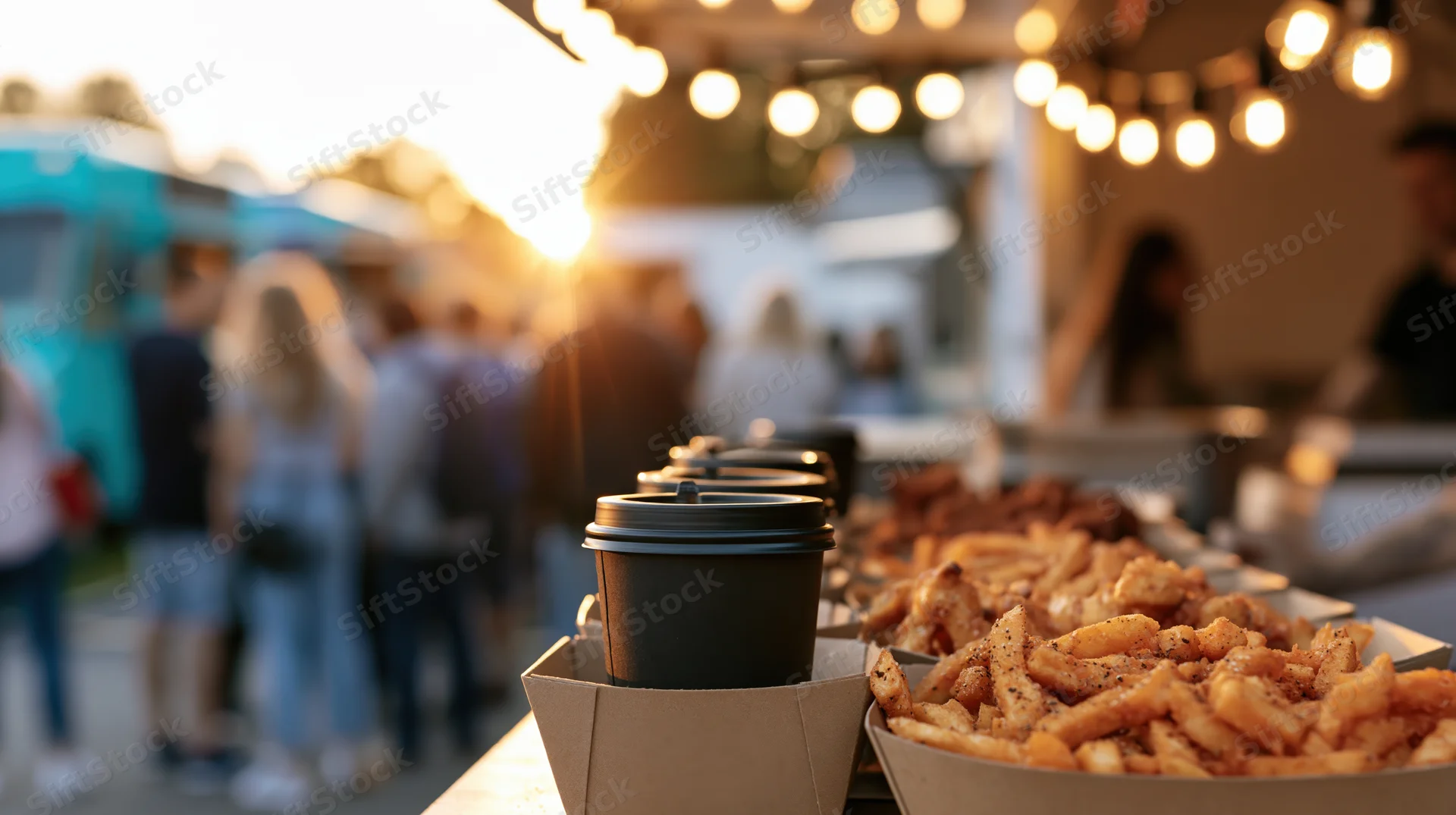 Seasoned fries and black coffee cup in cardboard trays at outdoor evening market
