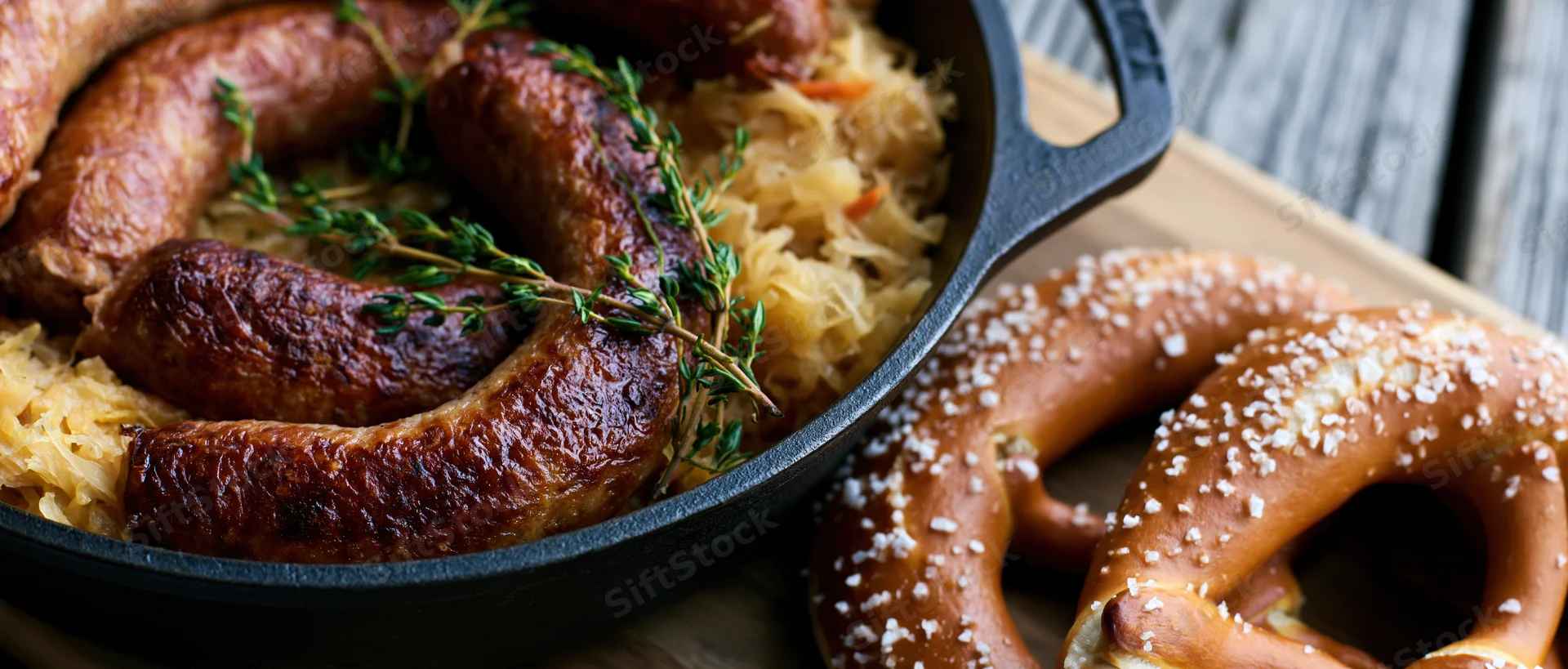Bratwurst sausages with sauerkraut in a cast iron skillet beside salted pretzels on a wooden board