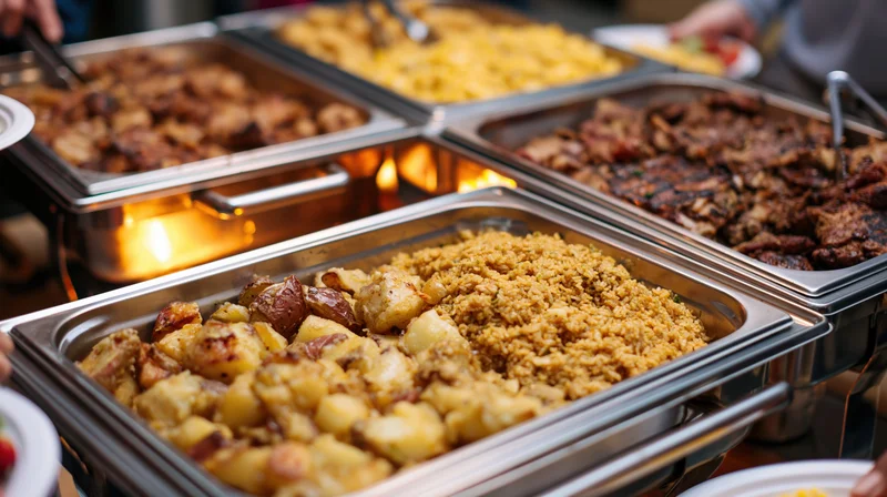 Stainless steel chafing trays filled with cooked potatoes, rice, and meats arranged in a buffet line for serving at an event