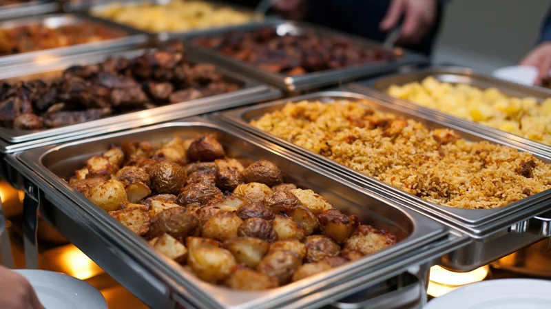 Stainless steel chafing trays filled with cooked potatoes, rice, and meat arranged in a catering buffet line