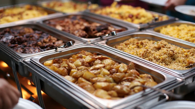 Stainless steel chafing trays filled with various cooked foods arranged in a buffet line for serving at an event