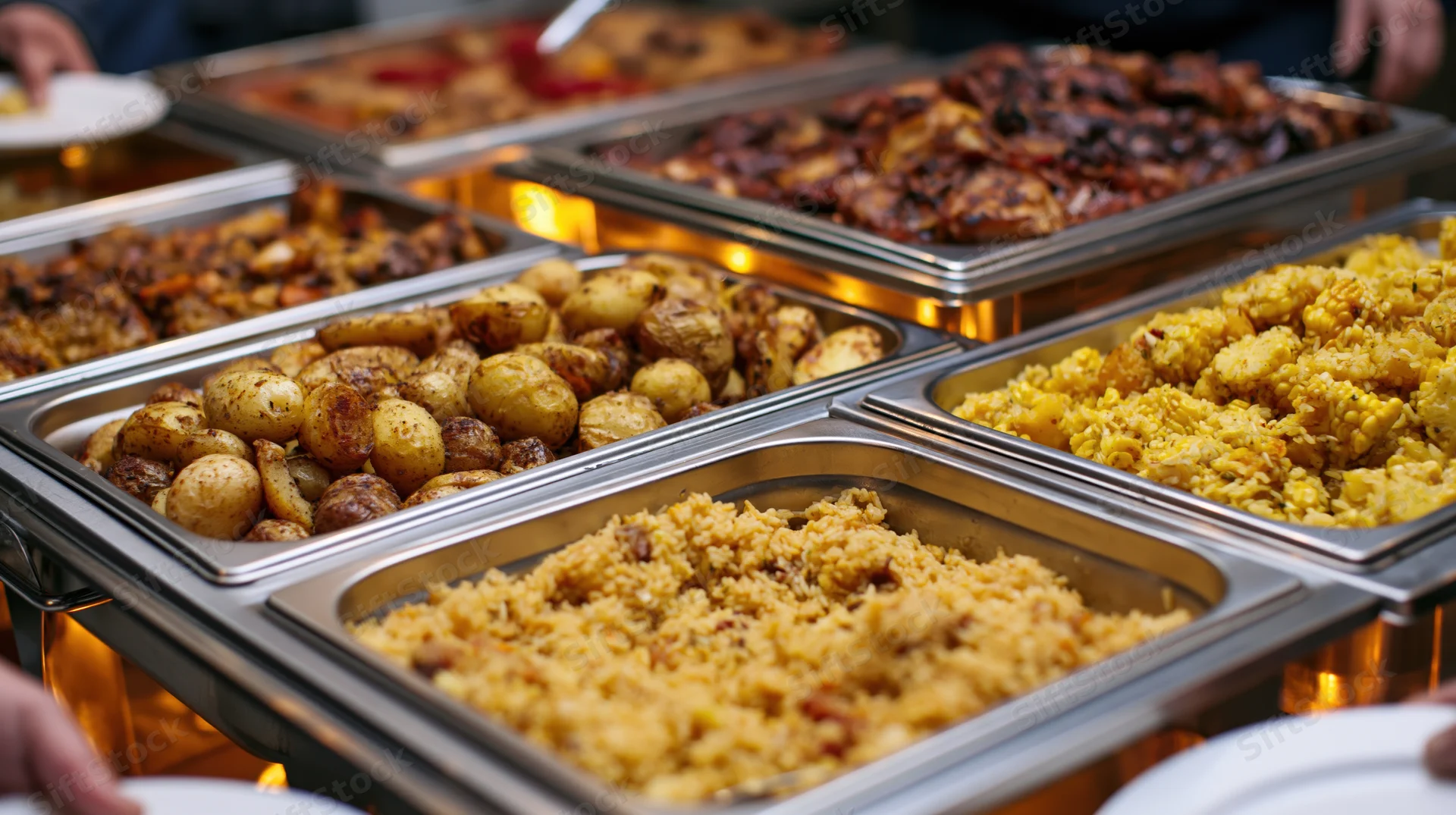 Stainless steel chafing trays filled with various hot foods arranged in a buffet line