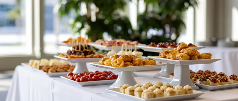 Buffet table with assorted finger foods and appetizers arranged on white platters and stands indoors near a window