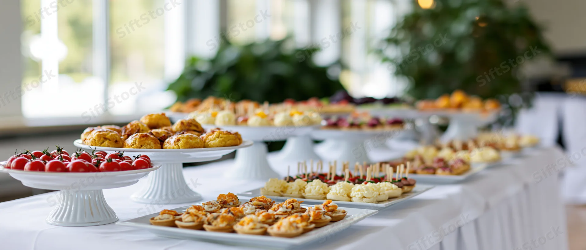 Buffet table with assorted finger foods arranged on white porcelain platters and cakestands indoors near a window