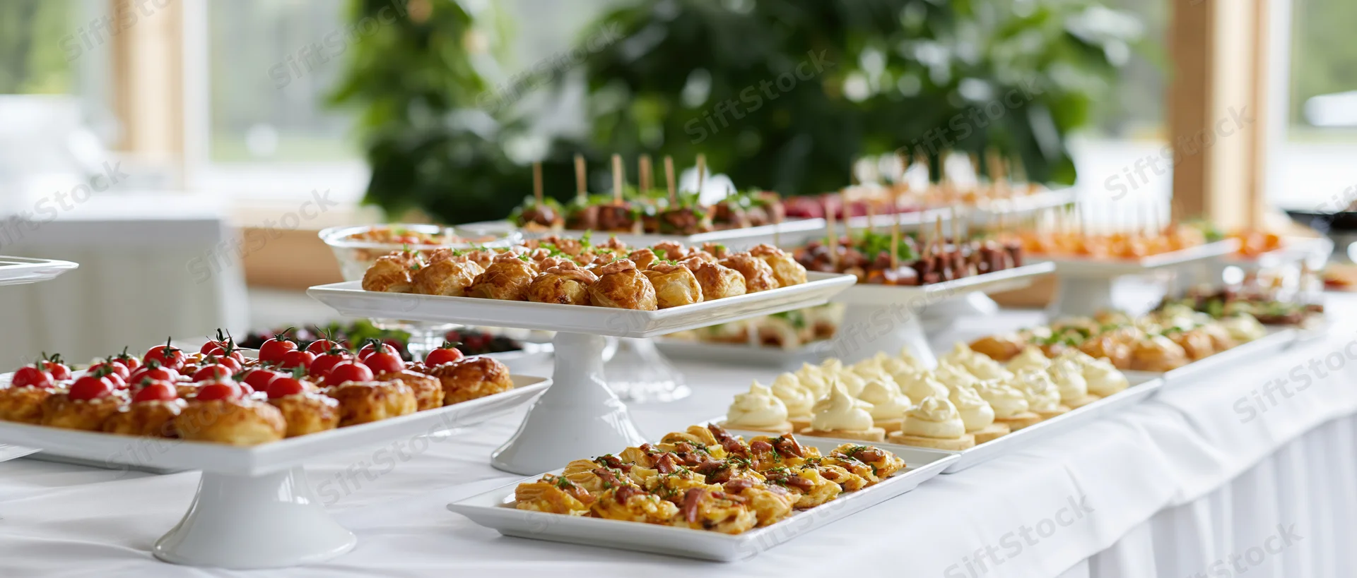 Buffet table with assorted finger foods arranged on white platters and stands indoors