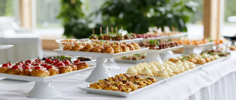 Buffet table with assorted finger foods arranged on white platters and stands indoors