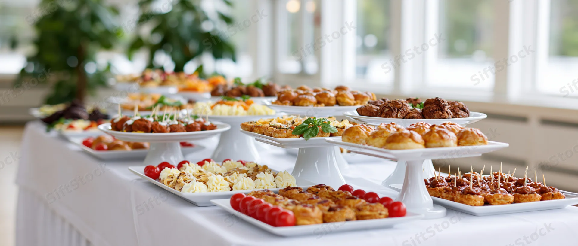 Buffet table with assorted finger foods arranged on white platters and trays indoors