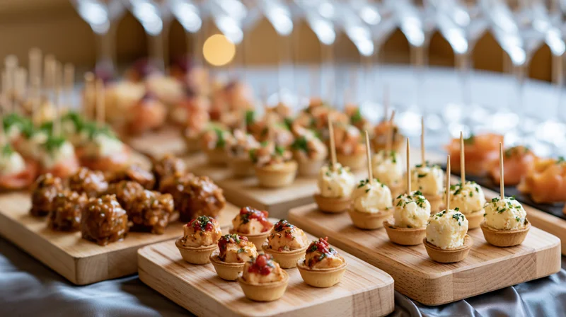 Assorted canapes and finger foods arranged on wooden trays at a formal event table