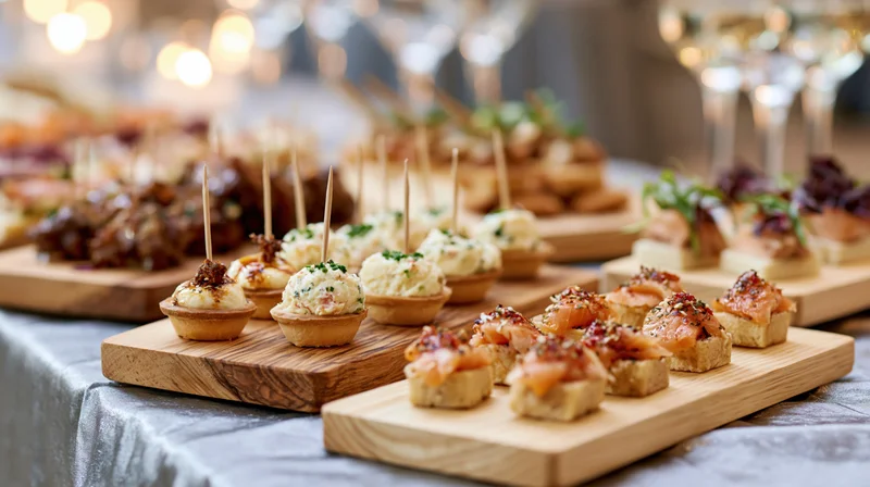 Assorted canapes and finger foods arranged on wooden boards on a table at a catered event