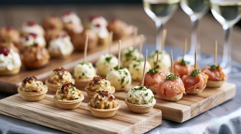 Assorted canapes and finger foods arranged on wooden trays with wine glasses in the background